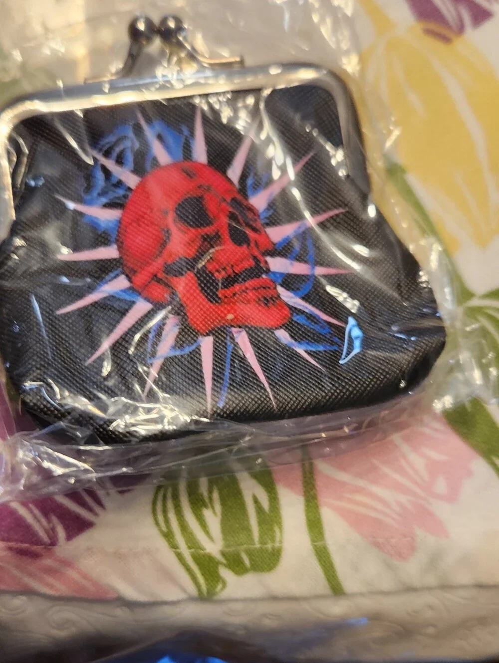 Black Coin Purse with Printed On Red Skull Design